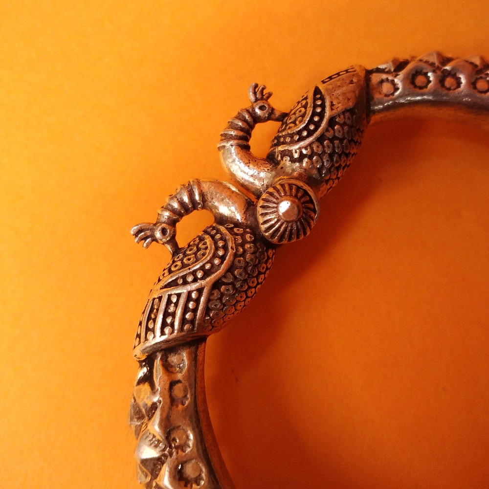Pure Silver Twin Peacock Rajwada Kada Bangle (adjustable) |puran - Image 2