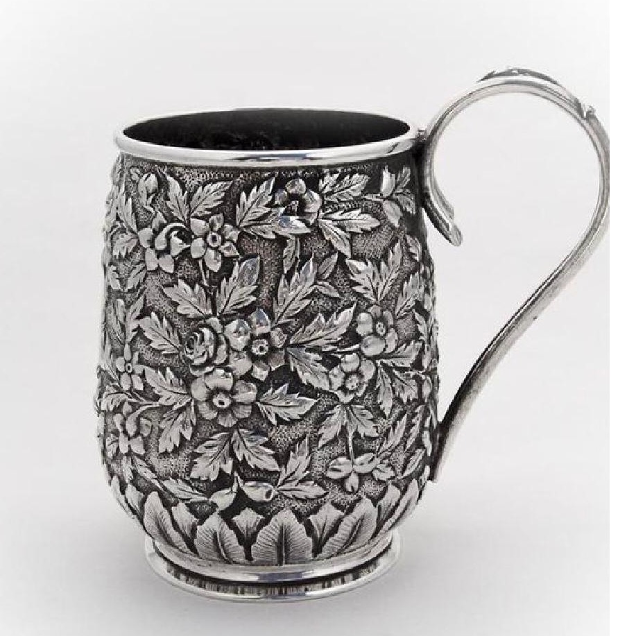 Puran sterling silver deep floral carving beer mug with long handle