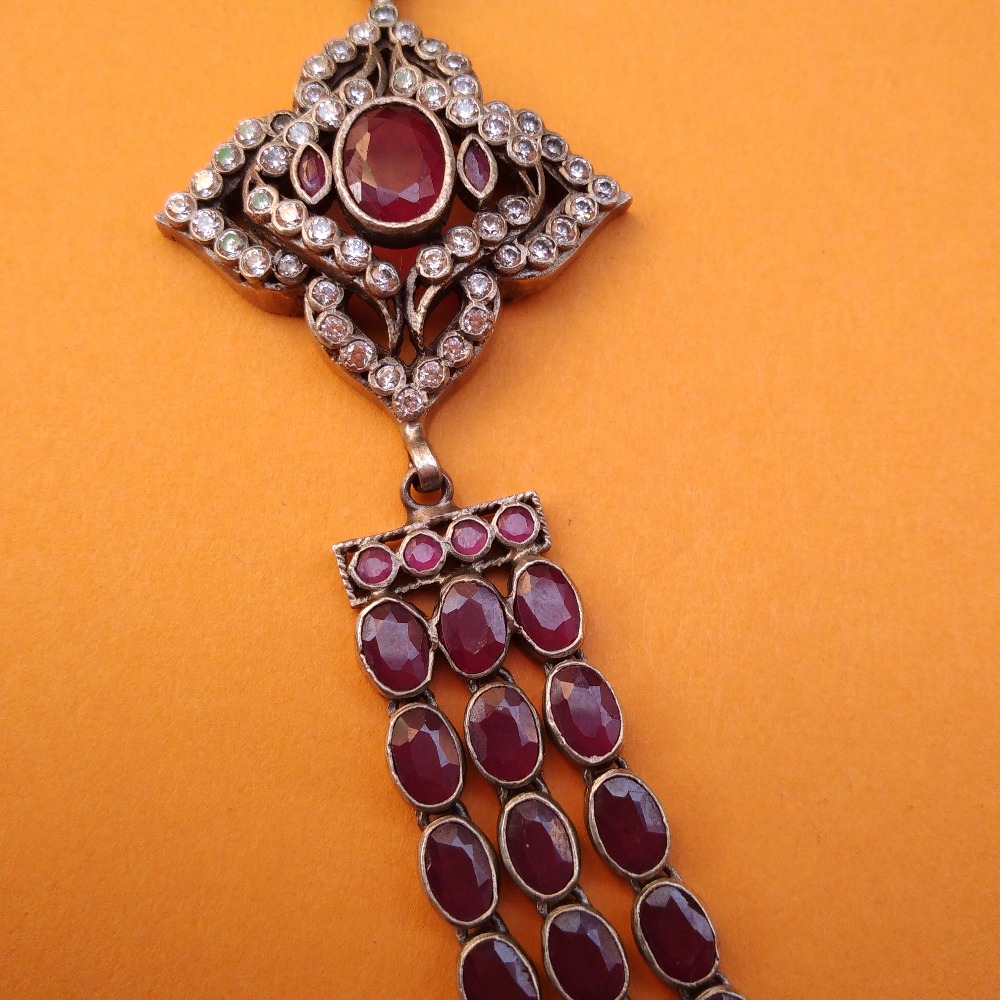 Pure Silver Toda Necklace with Three Layered Spinel Stones |Puran