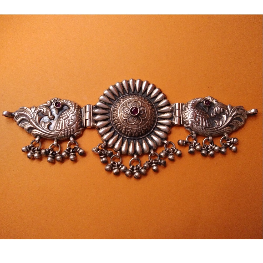 Puran tribal silver peacock motifs marigold choker necklace