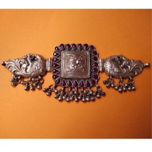 Puran Tribal Silver Peacock Motifs Choker Necklace with Kemp Stones