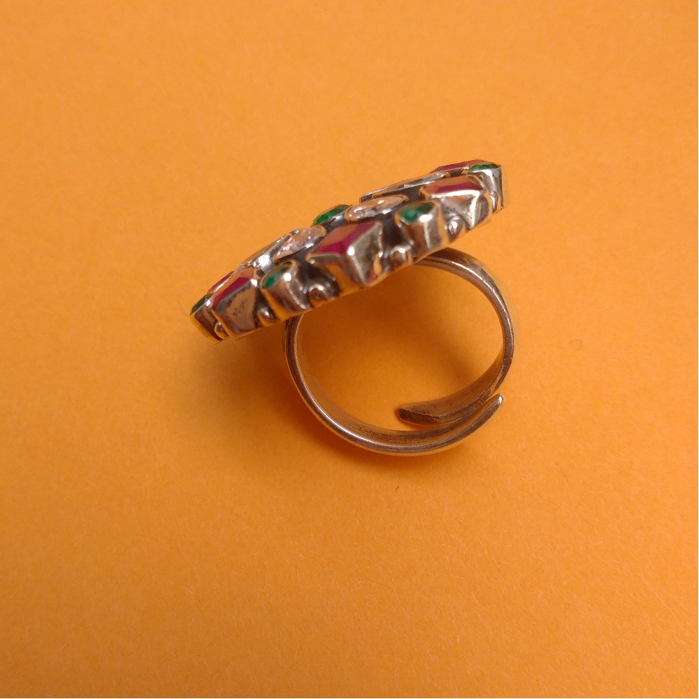 Puran Pure Silver Multicolor Cutstone Floral Ladies Ring (Adjustable) - Image 3