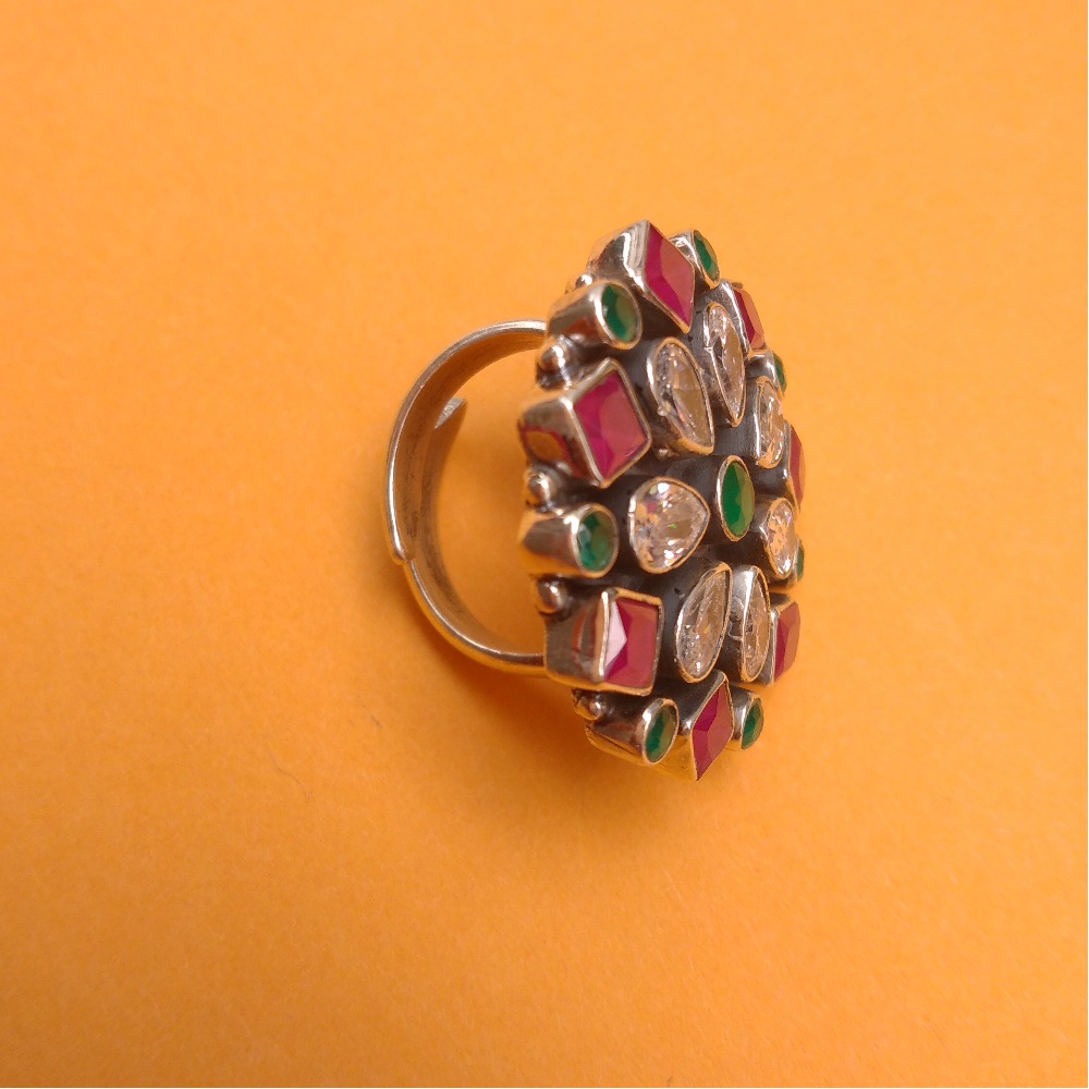 Puran Pure Silver Multicolor Cutstone Floral Ladies Ring (Adjustable) - Image 2