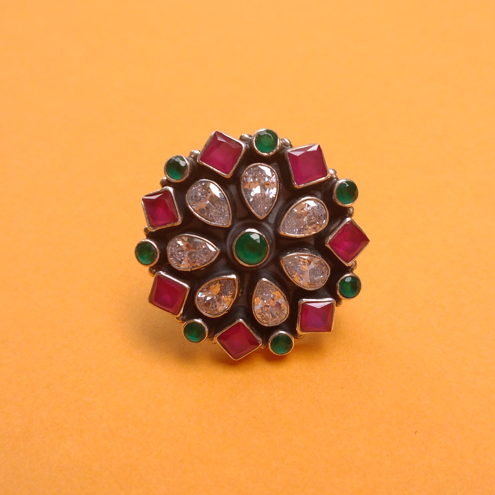 Puran Pure Silver Multicolor Cutstone Floral Ladies Ring (Adjustable)