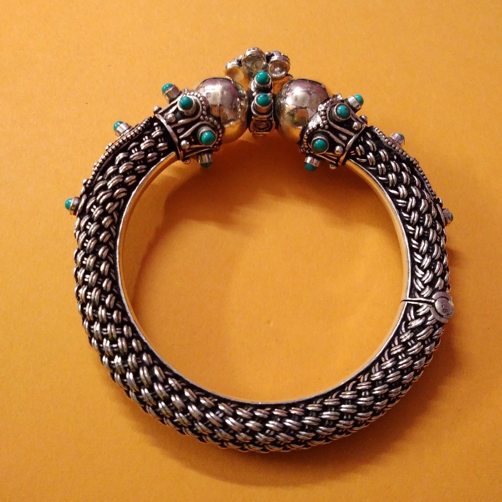 Hallmark silver mesh filigree Gokhru hand cuff kada with screw |puran