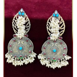 Puran peacock shield boho Jaali dangler earrings with pearly bunch