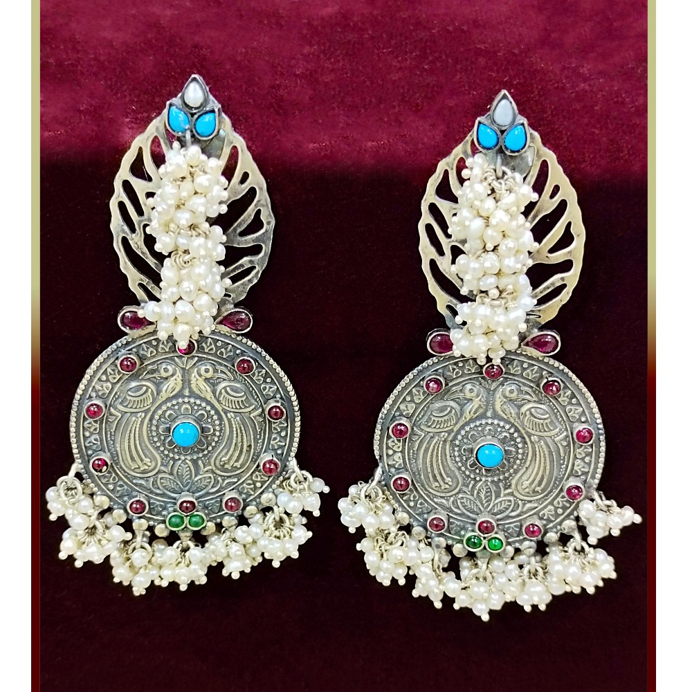 Puran peacock shield boho Jaali dangler earrings with pearly bunch