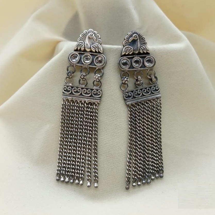 Puran glorious peacock tribal pure silver multi string boho earrings