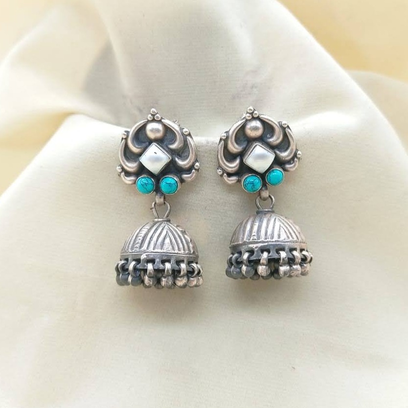 Puran elements sterling silver turqoise pearly jhumka earrings