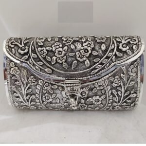 Rose Motif Carving Clutch In Hallmarked Silver By Puran