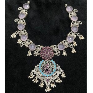 Hallmark Exquisite Peacock Motifs Neckpiece in Carved Pink Quartz