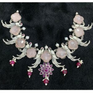 Hallmark silver peacock motif gemstone necklace by puran