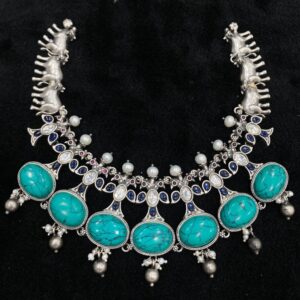 Ravishing blue pearly short choker in pure silver by puran