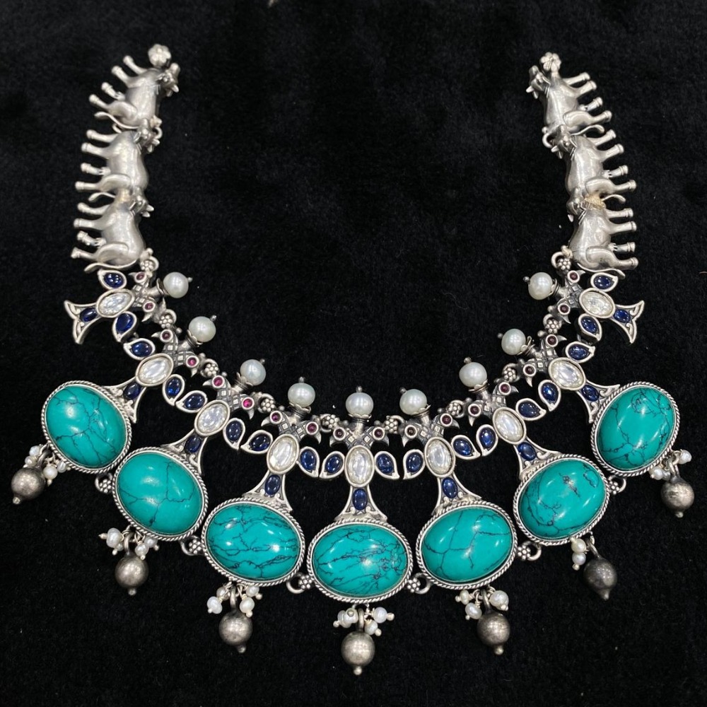 Ravishing blue pearly short choker in pure silver by puran