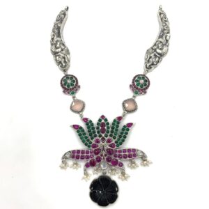 925 Pure Silver Compact temple necklace with real gemstones.