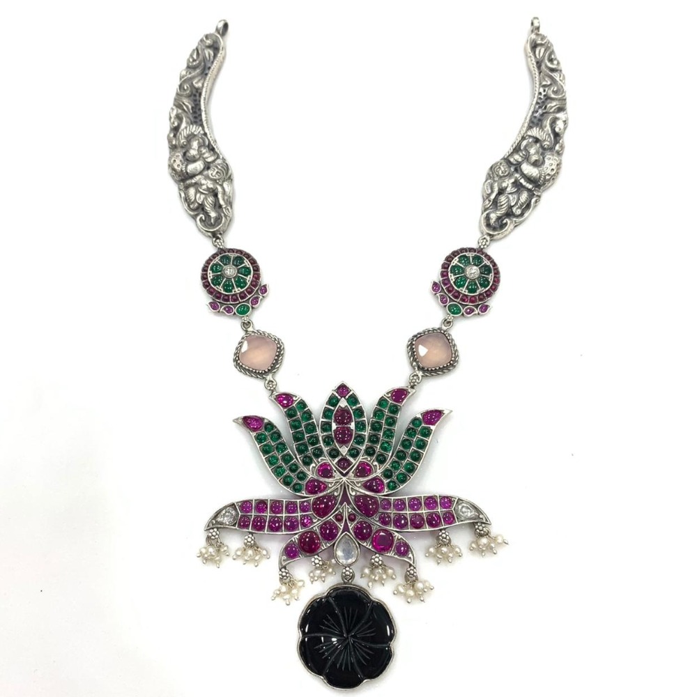 925 Pure Silver Compact temple necklace with real gemstones.