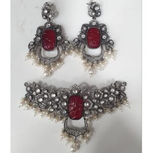 925 Pure Silver Necklace With Carved Ruby And Kundan PO-216-06