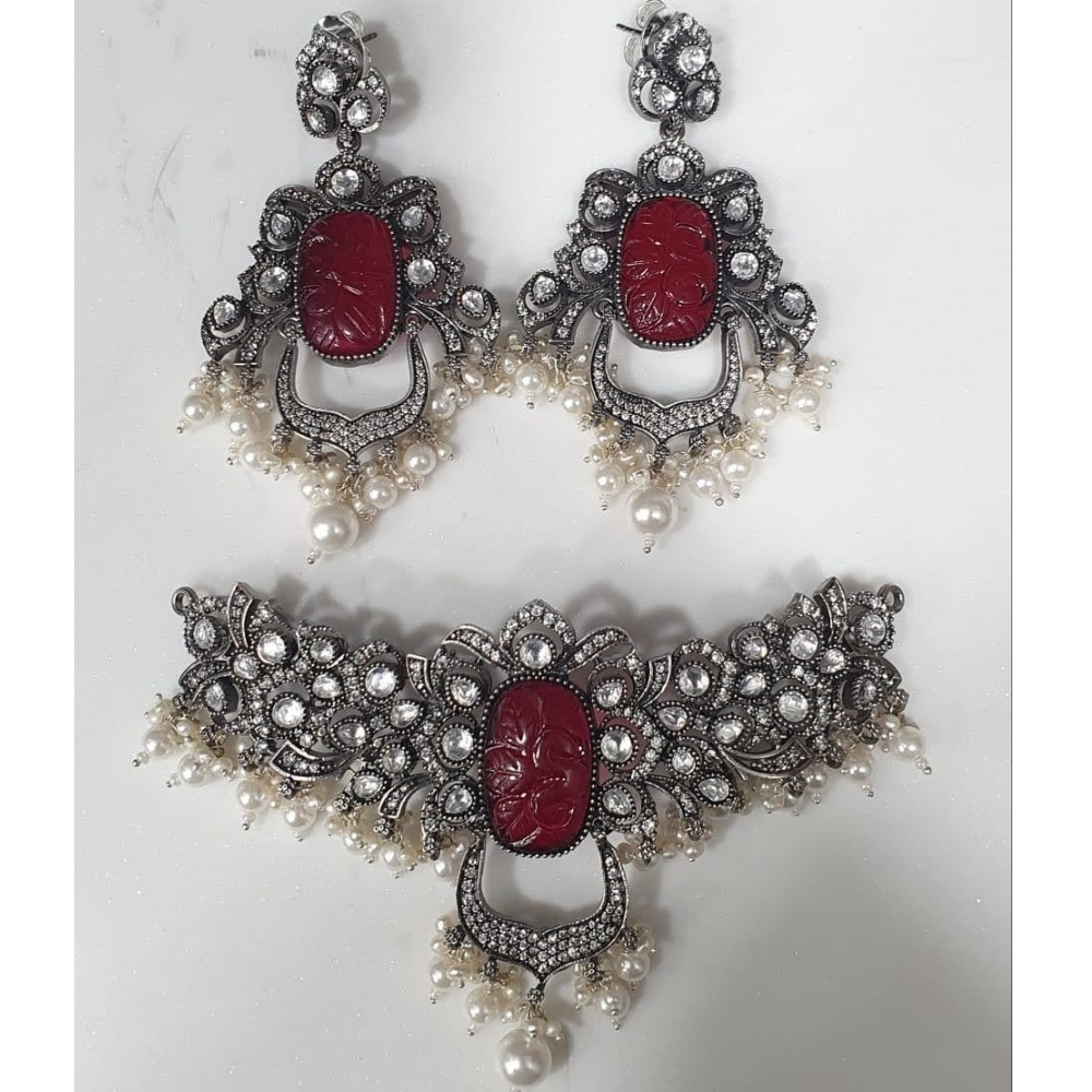 925 Pure Silver Necklace With Carved Ruby And Kundan PO-216-06