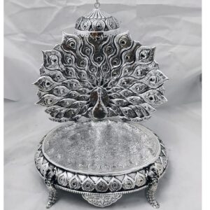 925 pure silver antique singhasan with dancing peacock po-141-04