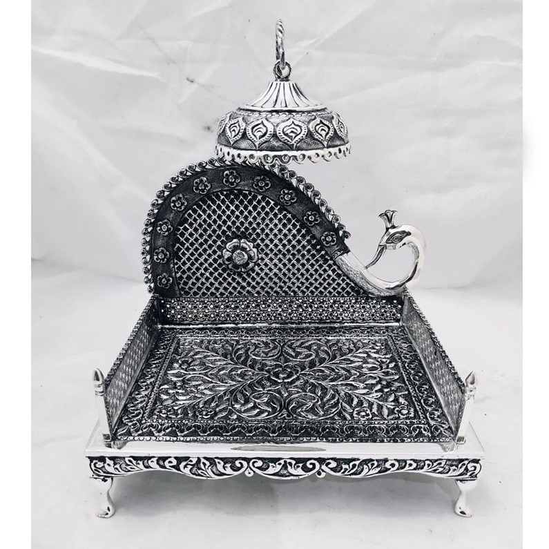 925 pure silver antique singhasan with peacock po-141-09