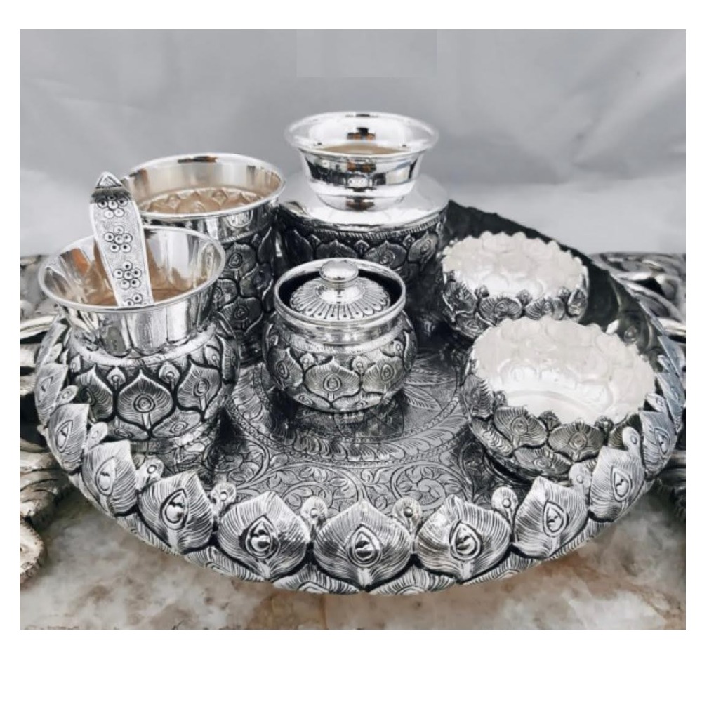 925 Pure Silver Arta Thali Set in Morr Pankh Nakashii PO-263-06