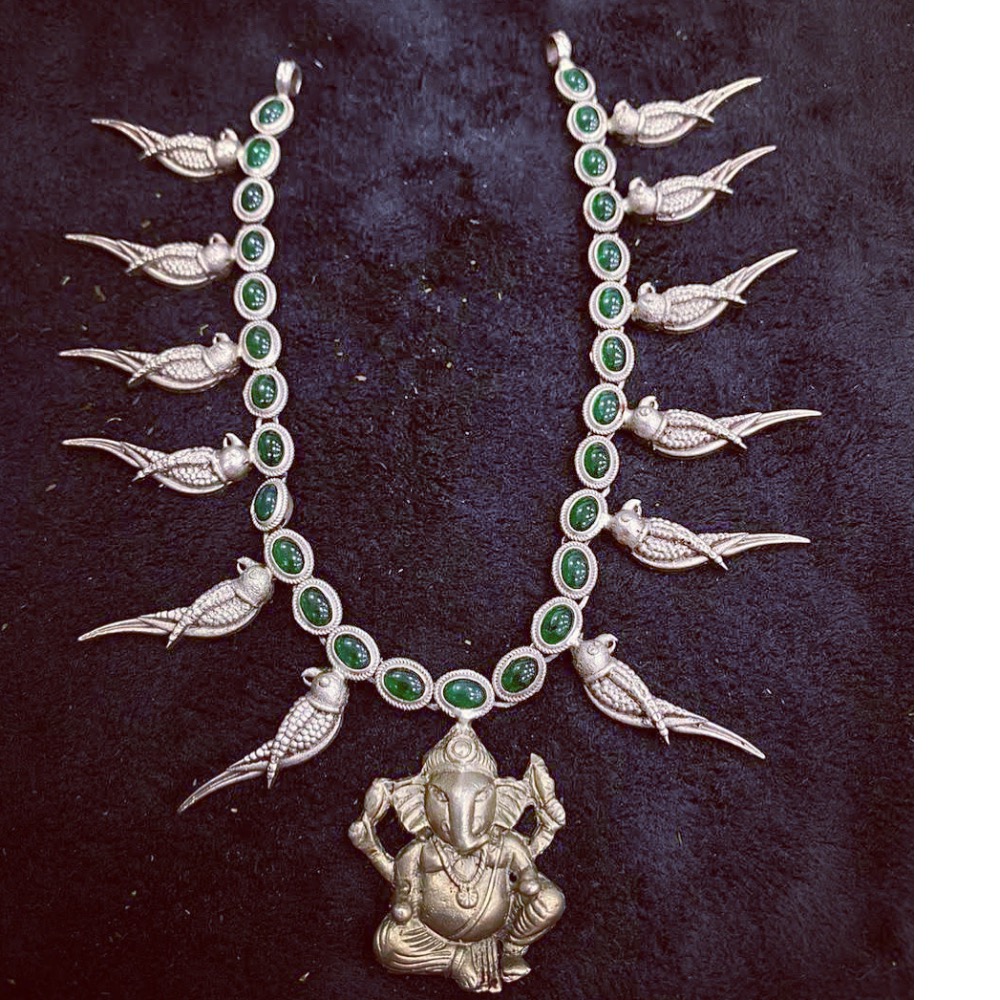 925 Pure silver designer necklace with ganesh and Parrot Pendants