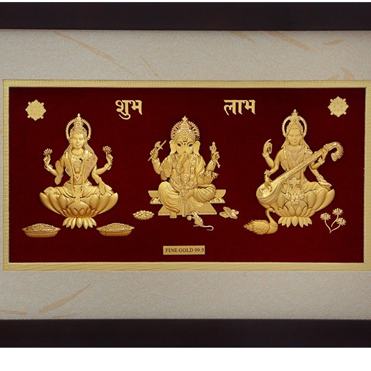 (22X33 CM)GOD GANESH-LAXMI-SARASWATI JI DIVINE PHOTO FRAME 24 K GOLD - Image 2