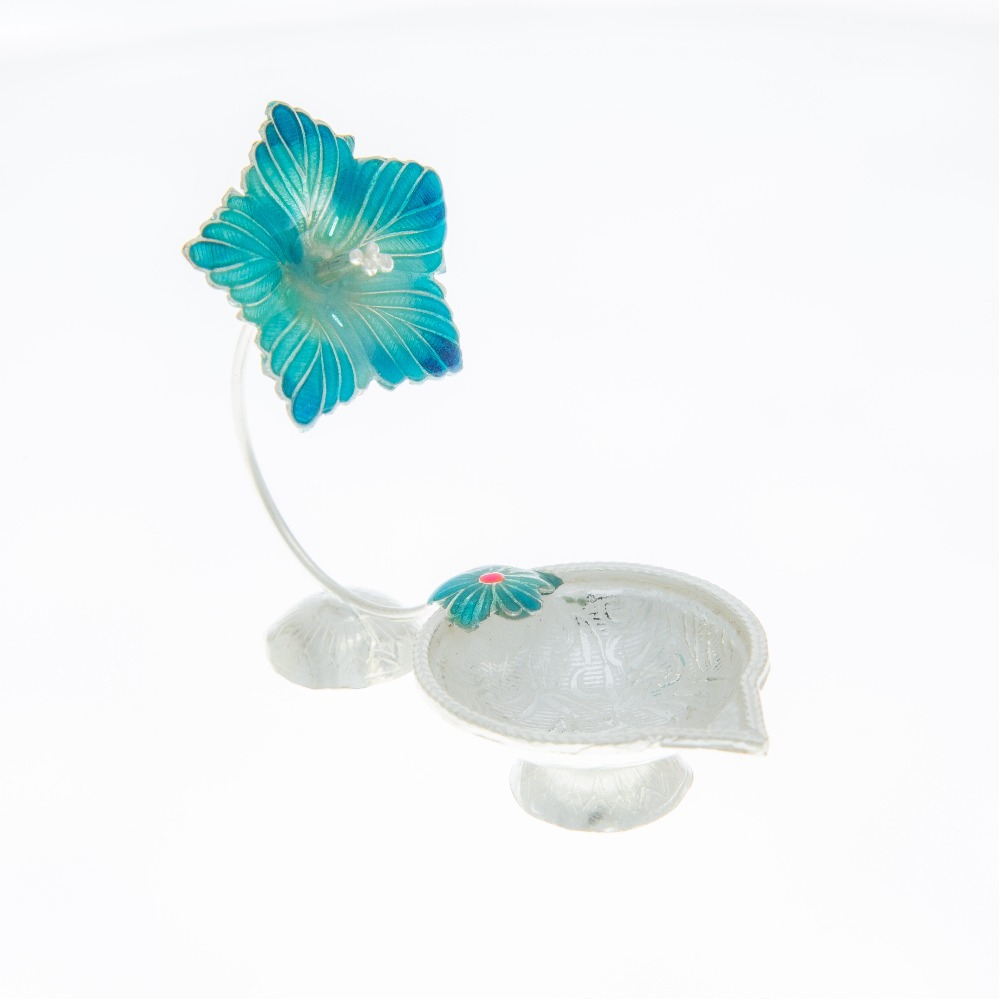 Designer Blue Flower Silver Diya