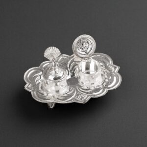 silver Exceptional Haldi Kumkum Karanda and Designer Plate