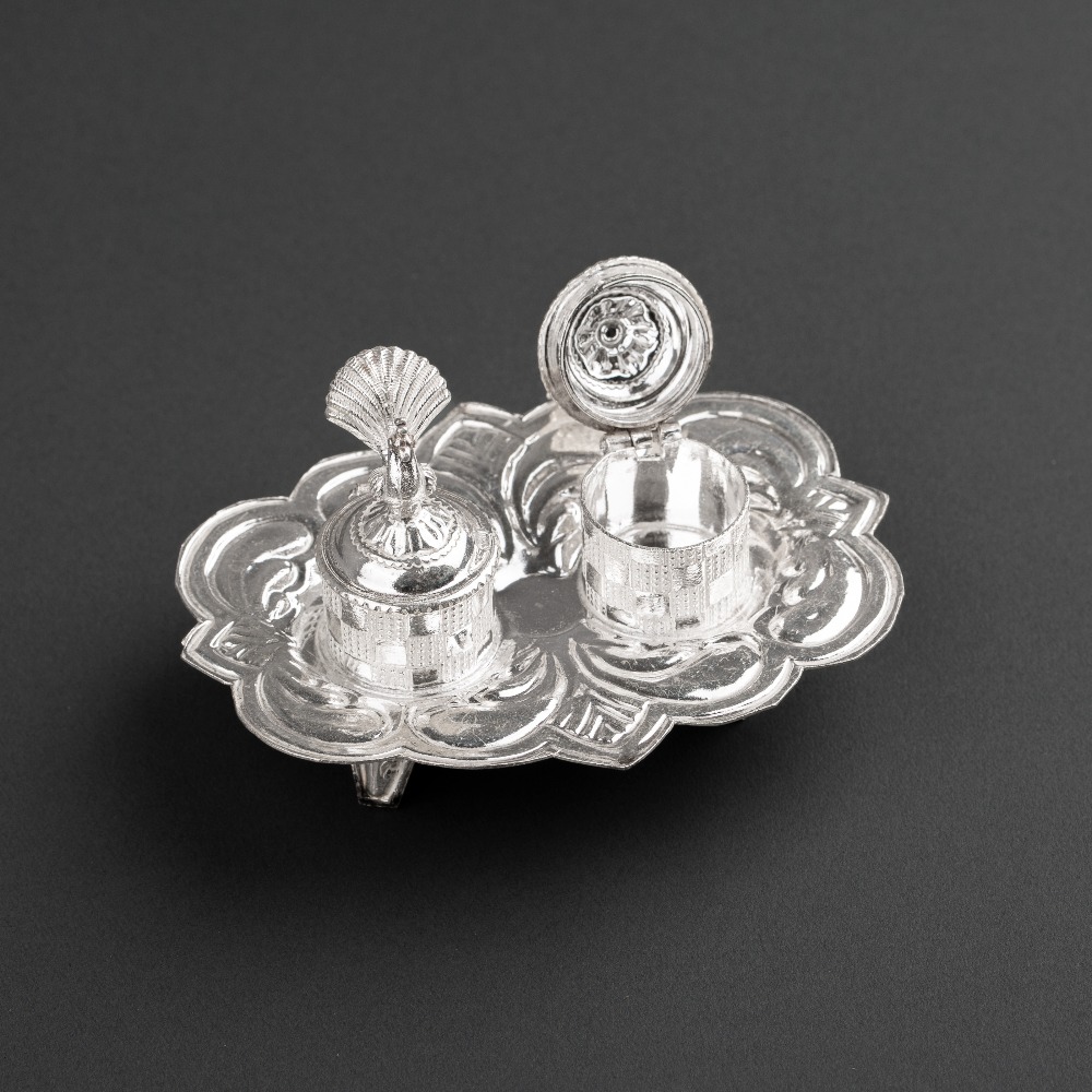 silver Exceptional Haldi Kumkum Karanda and Designer Plate