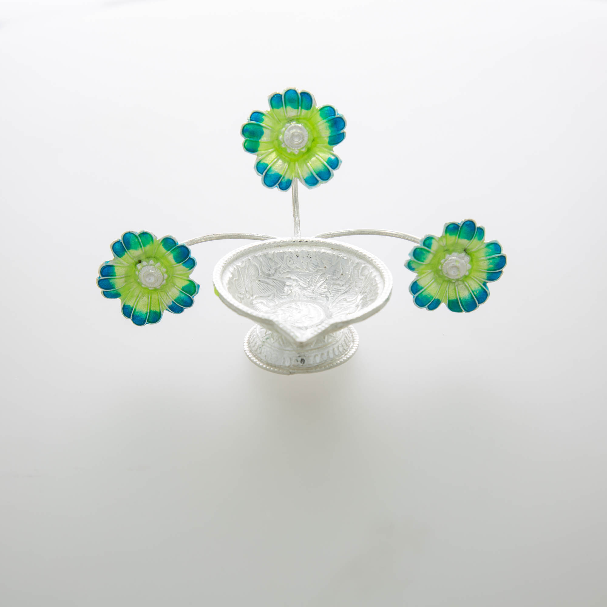 Silver Greenish Blue Color Triplet Flower Diya