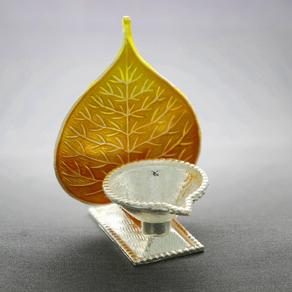 Silver Orange yellow Peepal Leaf Diya