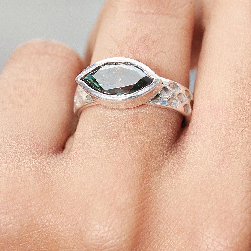 1.96ct Blue Marquise Moissanite Silver Ring