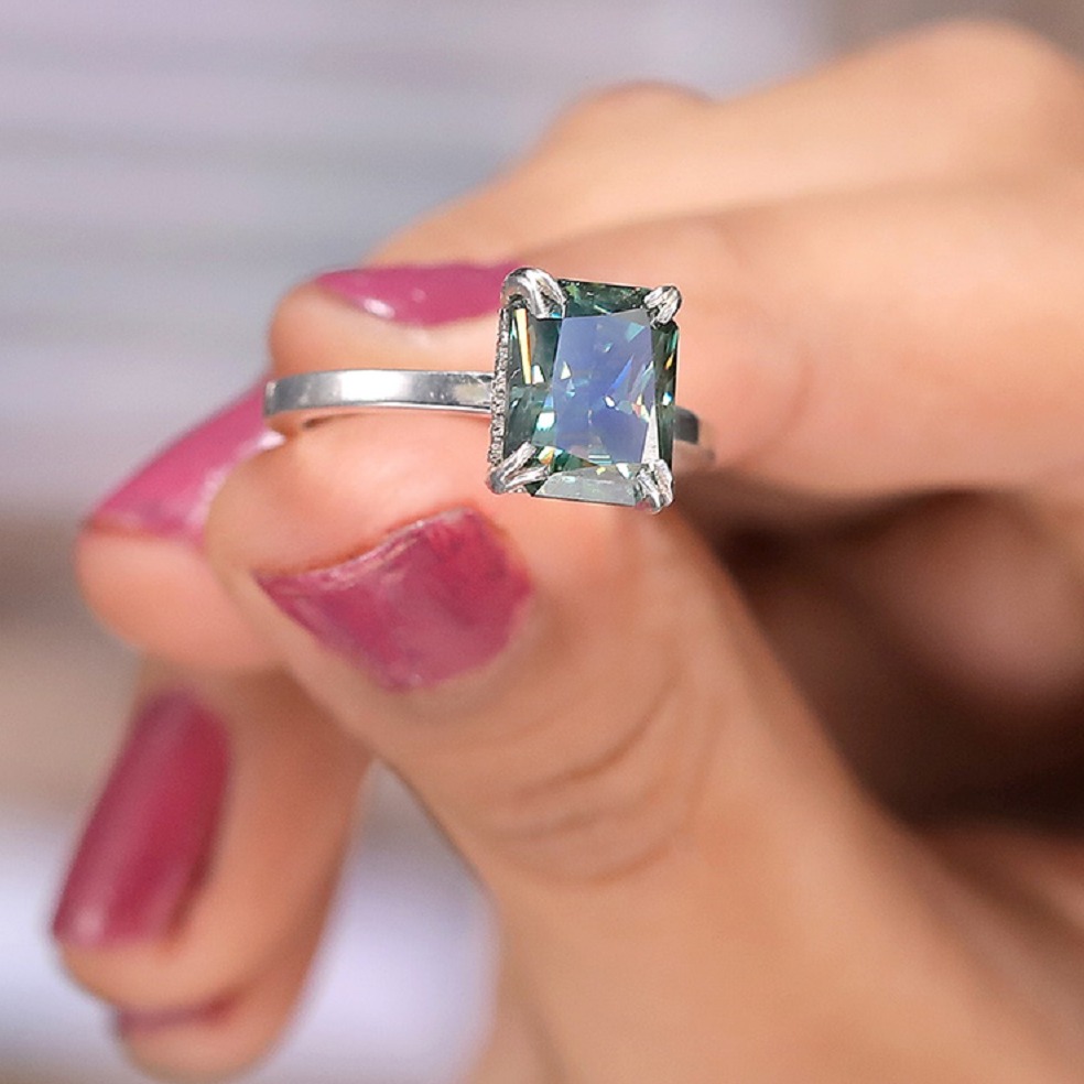 3.39ct Blue Radiant Cut Moissanite Diamond Ring