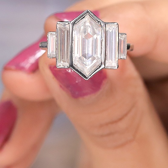 2.985ct Hexagon with tapper Moissanite Diamond Ring