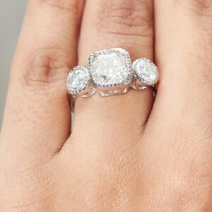 2.91ct Cushion and Round Moissanite Diamond Ring
