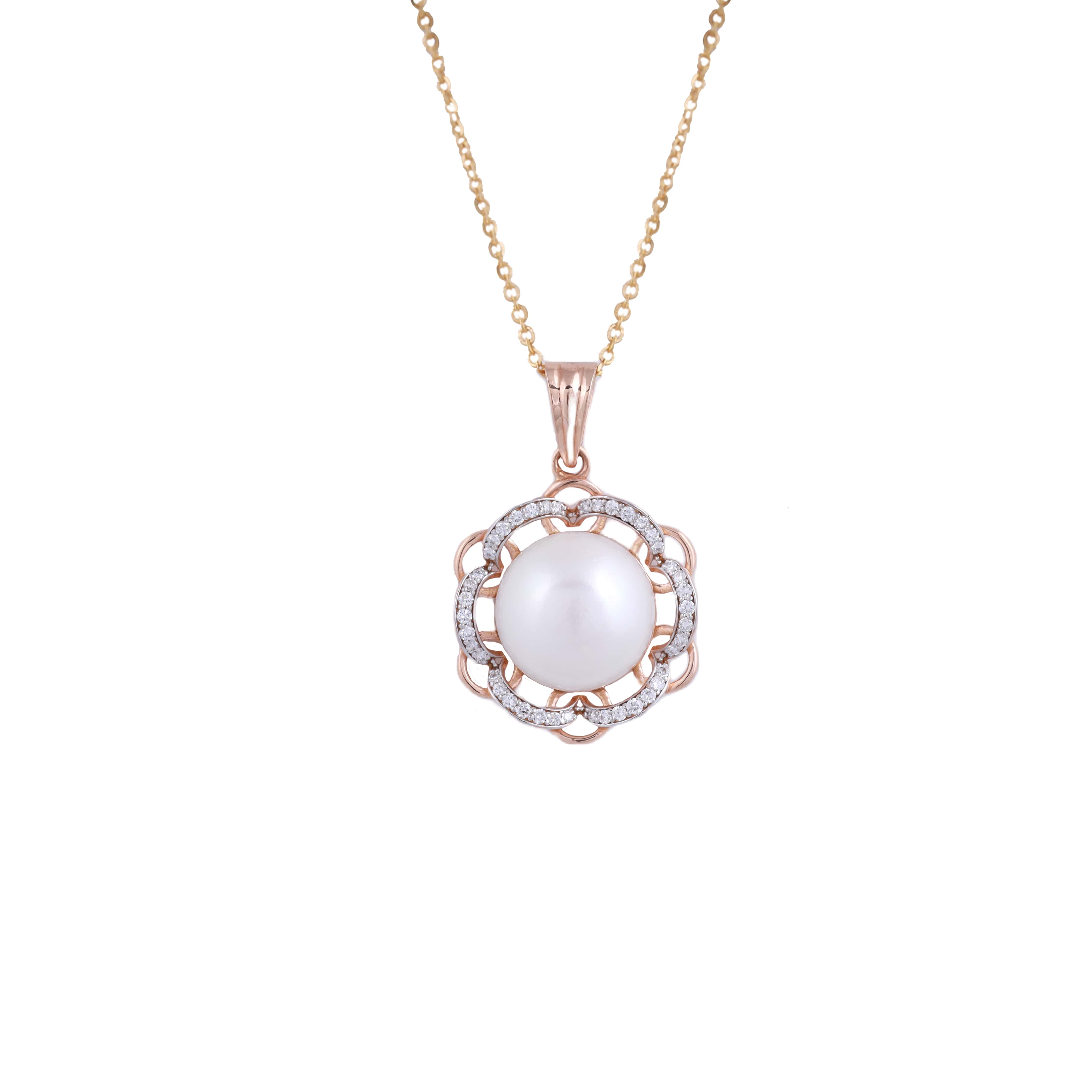 18K Gold Lab Grown Diamond with Pearl Pendant Chain