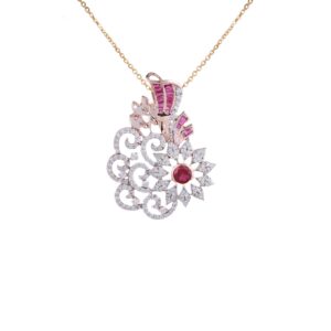 18K Rose Gold Lab Grown Diamond With Ruby Stone Pendant Chain