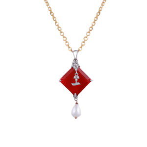 18K Gold Lab Grown Diamond With Red Stone Pendant Chain