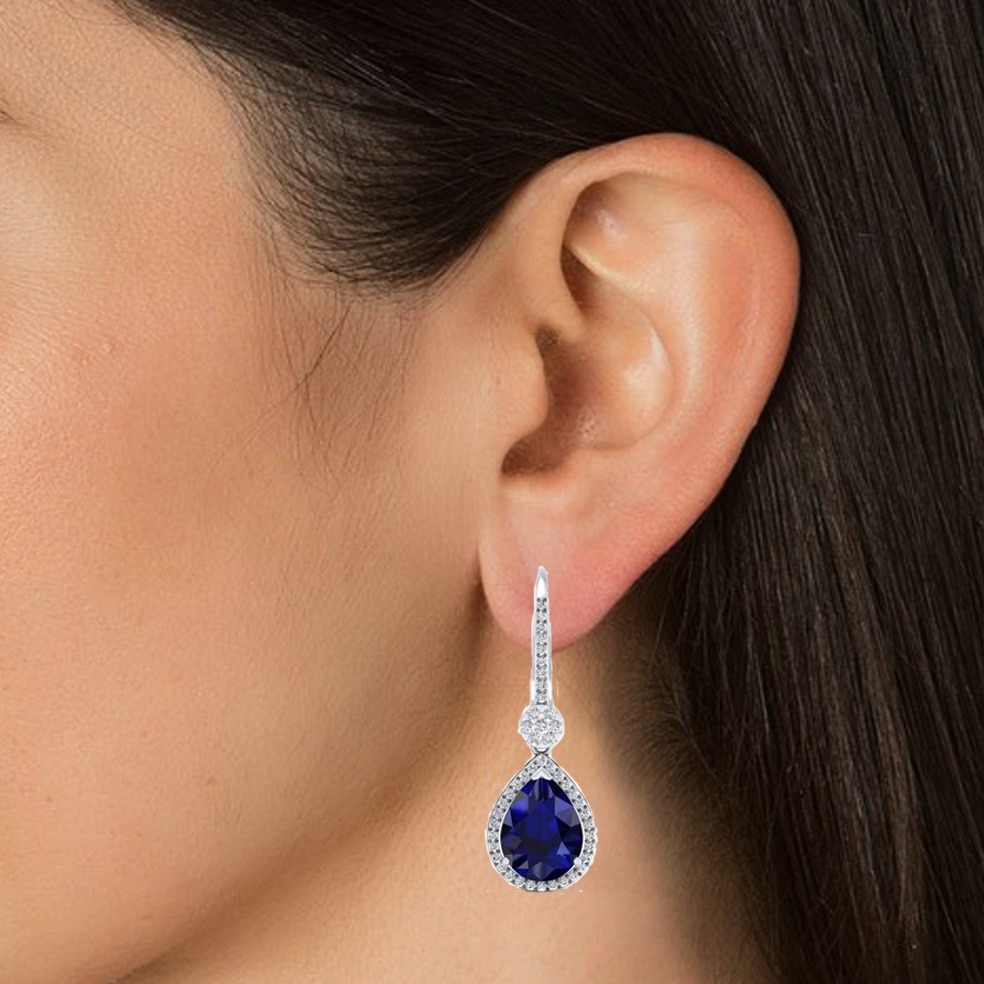 18 / 750 Pear Blue Sapphire Dangle Earrings with Round Diamond Halo