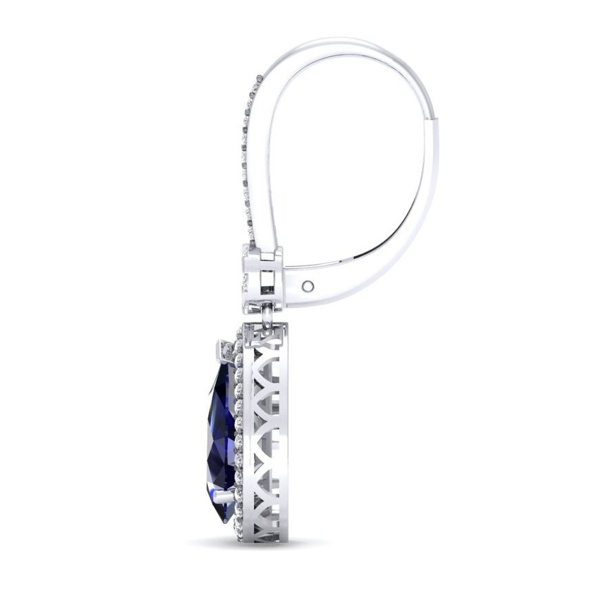 18 / 750 Pear Blue Sapphire Dangle Earrings with Round Diamond Halo