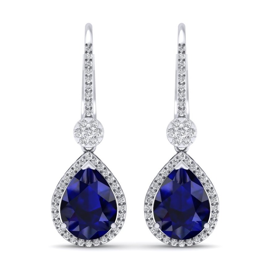 18 / 750 Pear Blue Sapphire Dangle Earrings with Round Diamond Halo