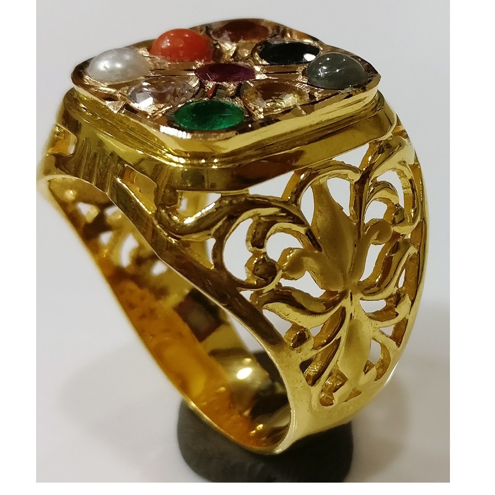 22KT gold close setting navrathan gemstone gents ring nr-002