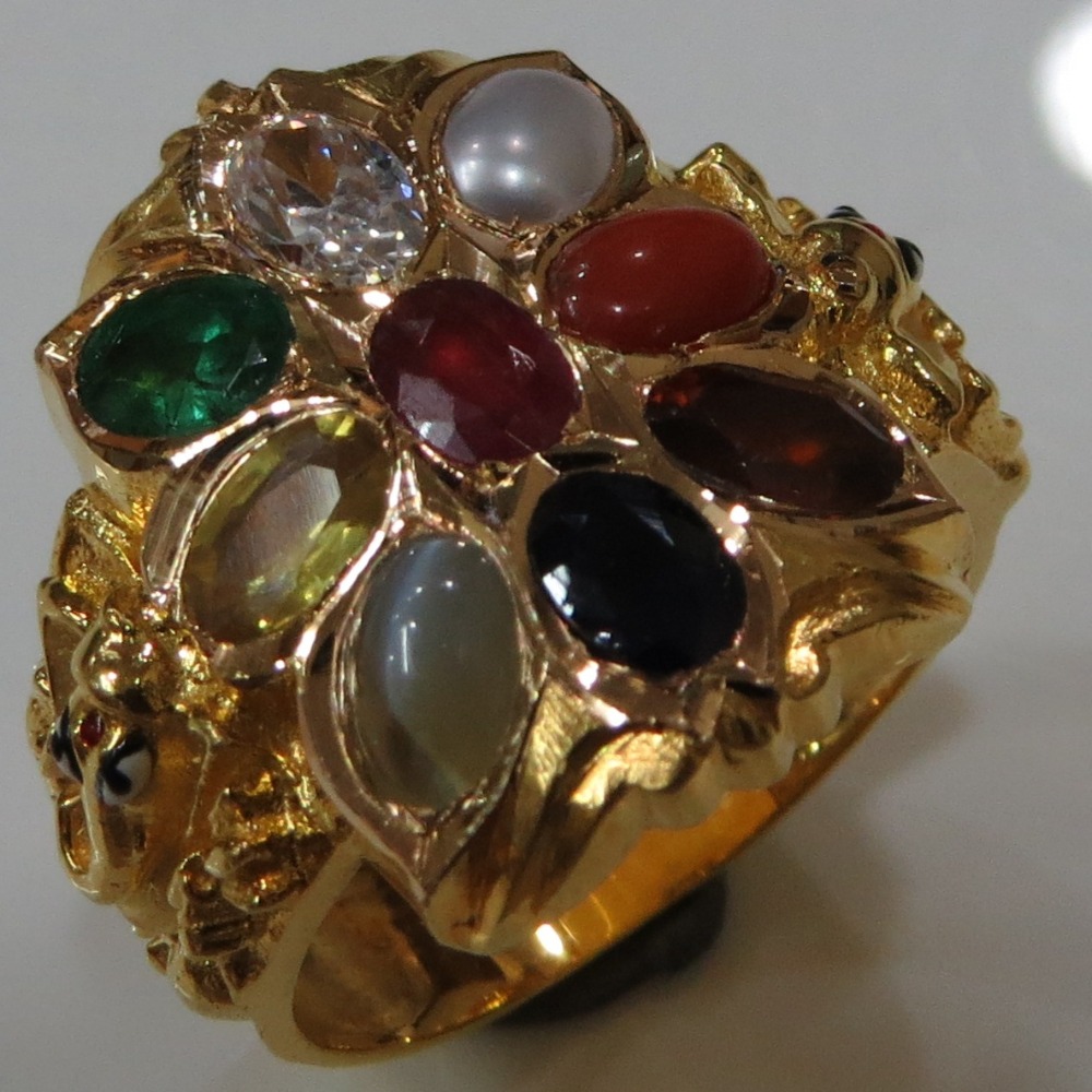 22KT Gold close setting navrathan oval 9 Gemstone Ganesh Gents Ring nr-004