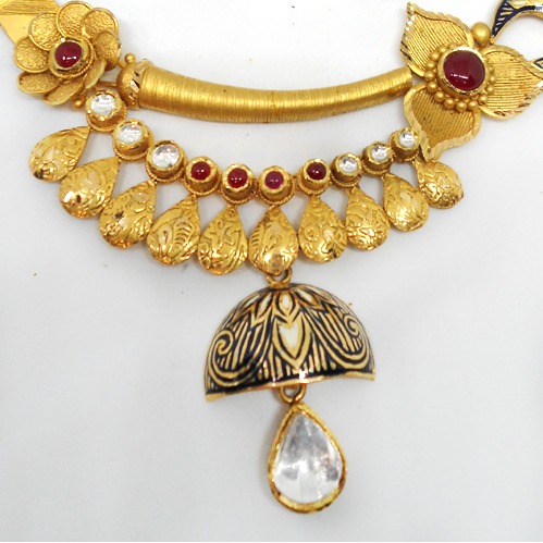 22KT Gold Antique Floral Design Necklace Set For Wedding RHJ-5170 - Image 2