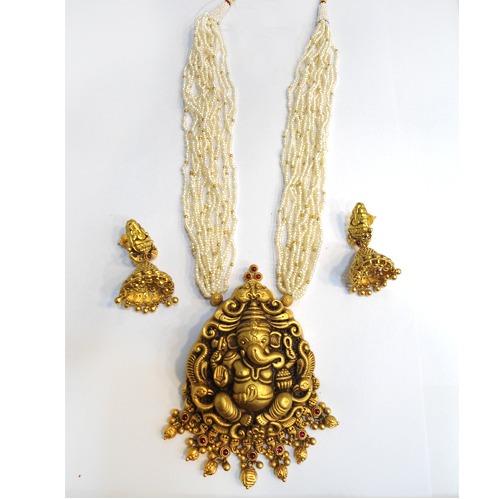 916 Gold Antique Ganesh Design Long Necklace Set RHJ-5253 - Image 3