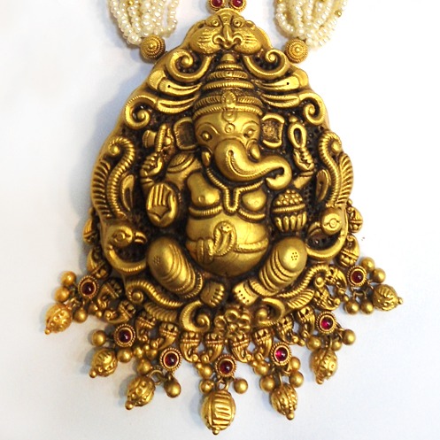 916 Gold Antique Ganesh Design Long Necklace Set RHJ-5253 - Image 2