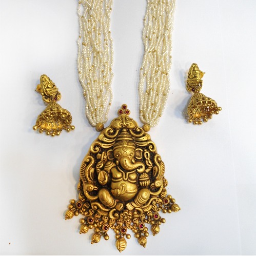 916 Gold Antique Ganesh Design Long Necklace Set RHJ-5253