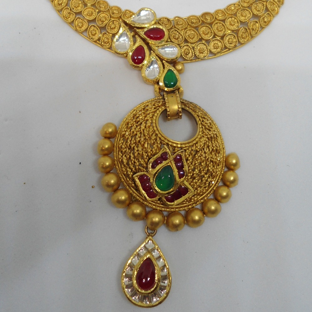 916 Gold Antique Kundan Bridal Necklace Set RHJ-4947 - Image 2