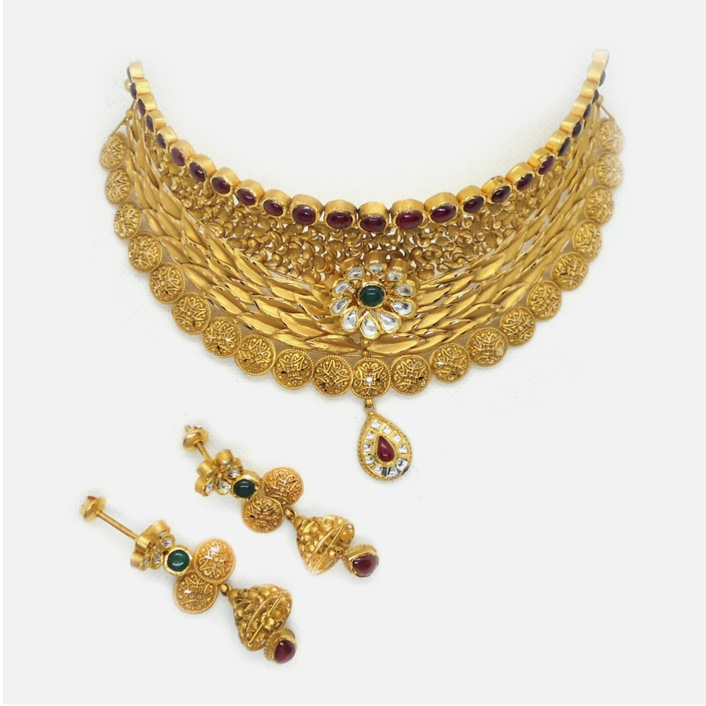 22K Gold Antique Wedding Choker Necklace Set RHJ - 4970